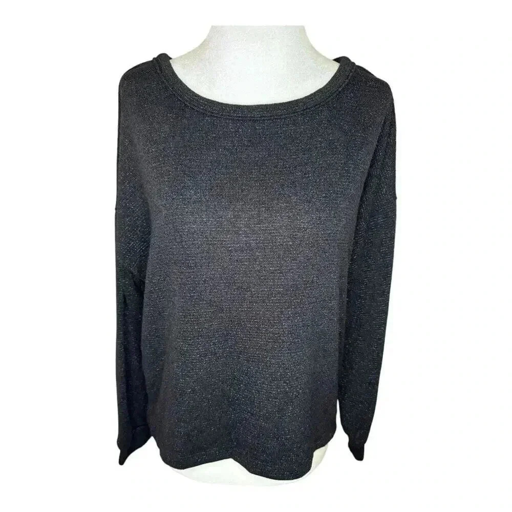 NEW Kaileigh Petite XS Black Metallic Knit V-Back Blouse Petites Casual NWOT